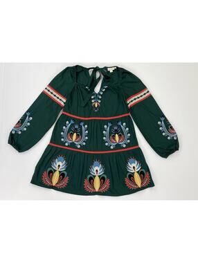Anthropologie Let Me Be Embroidered Tunic Mini Dress Size XS Green Long Sleeve
